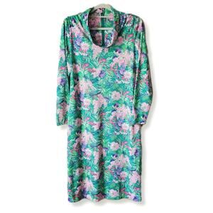 60s Nat Kaplan Green Pink Floral Jersey Shift Midi Dress L Retro Vtg Colorful